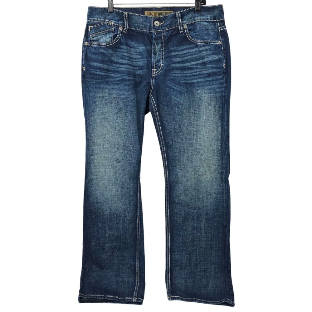 BKE Justin Button Fly Jeans Mens Size 38x32.5" Distressed Bootcut Denim